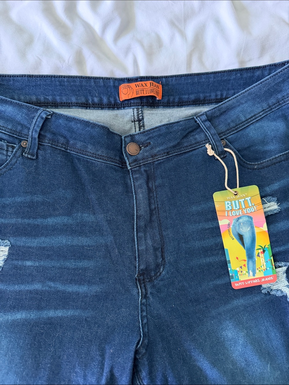 Wax Jean Dark Blue High-Rise Distressed Women's Jeans, Butt I love you. 18